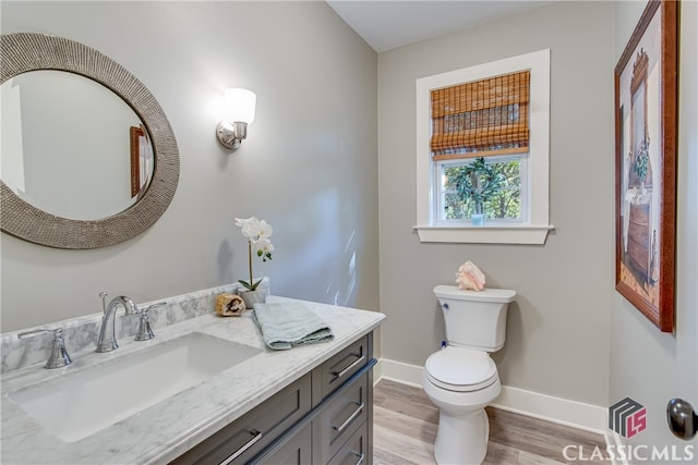 bathroom featuring vanity, hardwood / wood-style flooring, and toilet