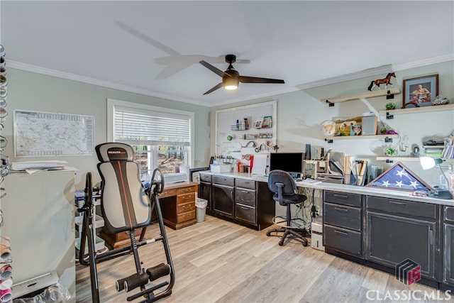 home office featuring light wood-type flooring, ceiling fan, and crown molding