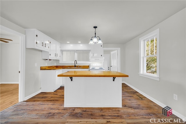 kitchen featuring white cabinets, dark hardwood / wood-style flooring, and white range oven