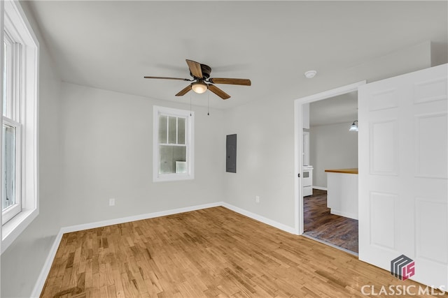 unfurnished bedroom featuring electric panel, hardwood / wood-style flooring, and ceiling fan