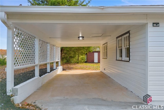 view of patio featuring a shed