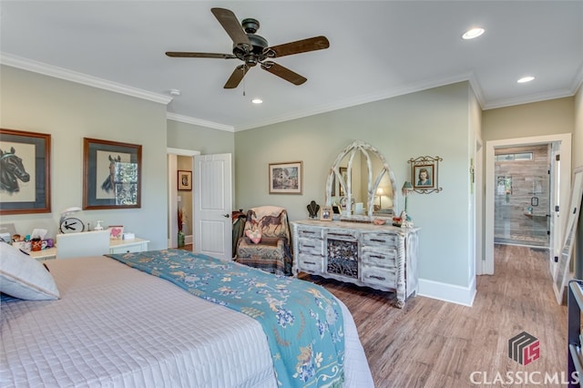 bedroom featuring hardwood / wood-style floors, ceiling fan, and crown molding