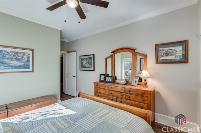 bedroom featuring ceiling fan, crown molding, and hardwood / wood-style floors