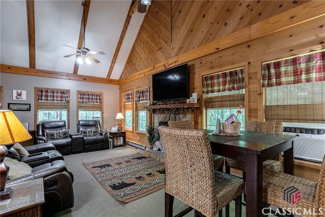 interior space featuring beamed ceiling, plenty of natural light, high vaulted ceiling, and a baseboard radiator