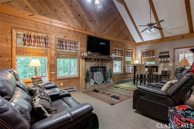 carpeted living room with plenty of natural light, ceiling fan, a stone fireplace, and high vaulted ceiling