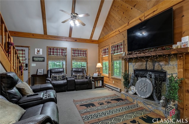 carpeted living room with beamed ceiling, a healthy amount of sunlight, high vaulted ceiling, and a baseboard heating unit