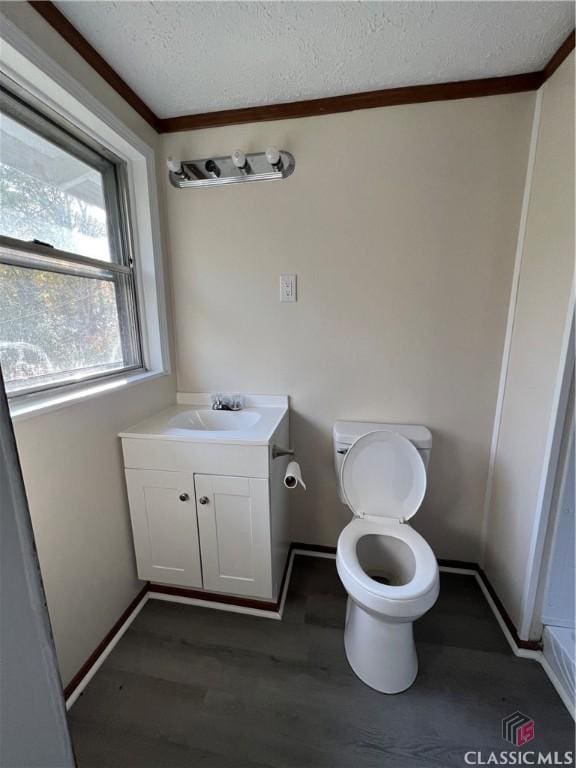 bathroom with a textured ceiling, vanity, toilet, and wood-type flooring