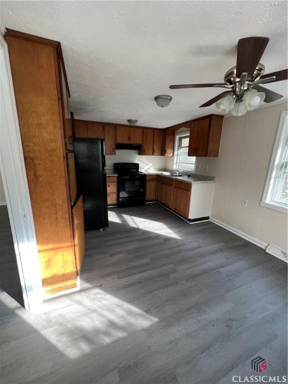 kitchen featuring a healthy amount of sunlight, black appliances, and hardwood / wood-style flooring