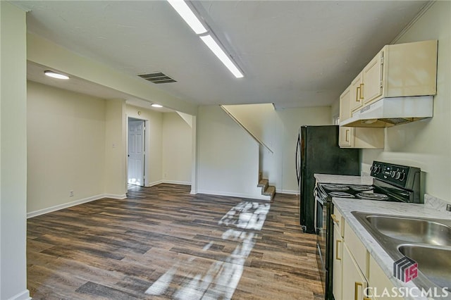 kitchen with electric range, sink, and dark wood-type flooring