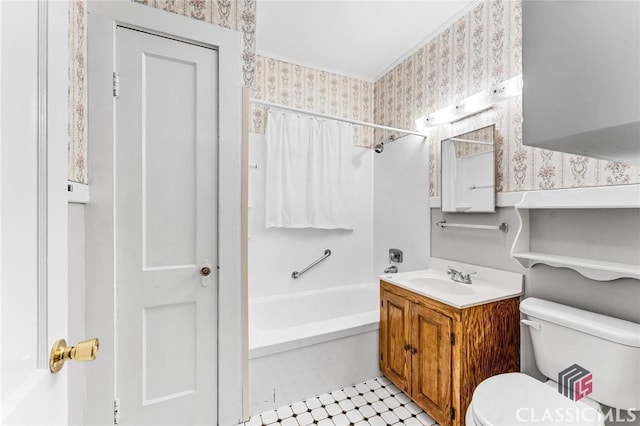 full bathroom featuring tile patterned flooring, shower / tub combo with curtain, vanity, and toilet