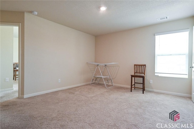 interior space featuring light carpet