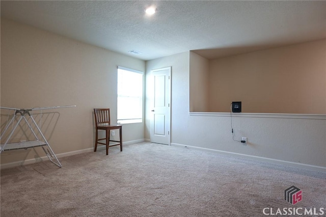 interior space featuring carpet and a textured ceiling