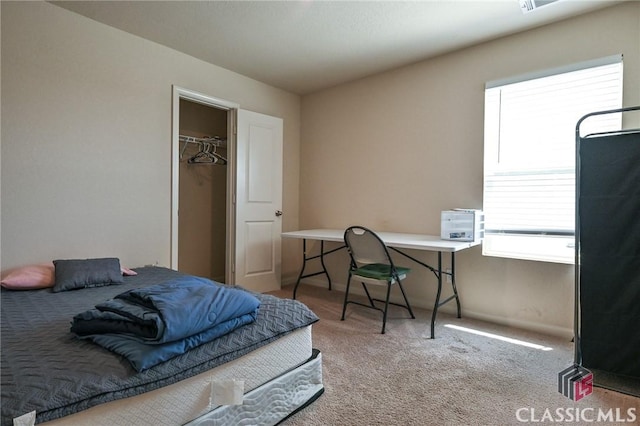 carpeted bedroom with a walk in closet