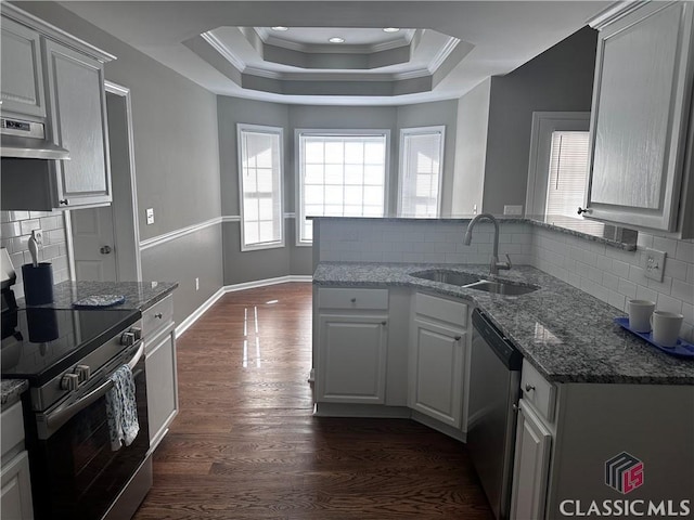 kitchen with decorative backsplash, stainless steel appliances, dark wood-type flooring, sink, and white cabinets