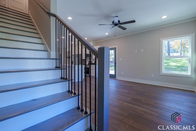 stairway with ornamental molding, plenty of natural light, hardwood / wood-style floors, and ceiling fan