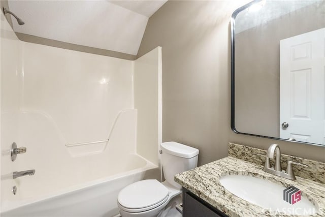 full bathroom featuring shower / bath combination, toilet, vanity, and lofted ceiling