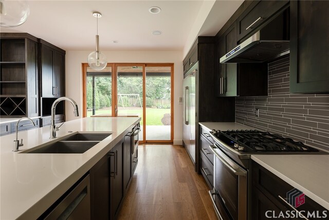 kitchen with sink, decorative backsplash, range hood, appliances with stainless steel finishes, and wood-type flooring