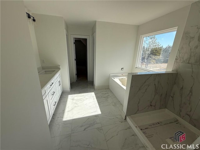 bathroom featuring vanity and a washtub