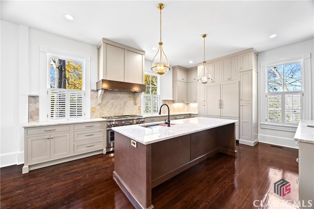 kitchen featuring tasteful backsplash, dark wood-style floors, a sink, and range with two ovens