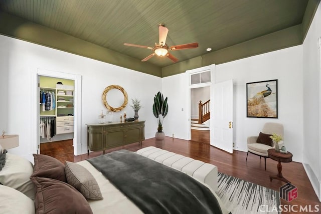 bedroom featuring a spacious closet, a ceiling fan, wood finished floors, and a closet