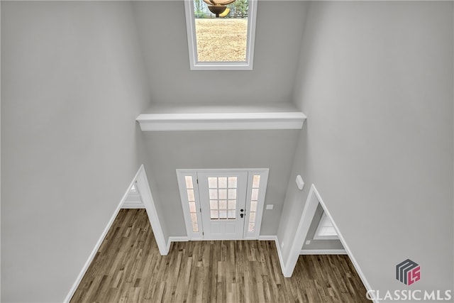 entrance foyer with hardwood / wood-style floors and a high ceiling