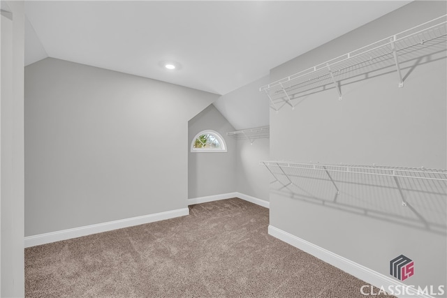 walk in closet with carpet flooring and vaulted ceiling