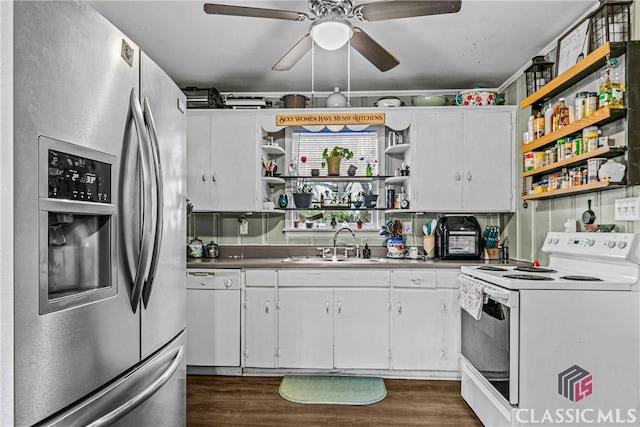 kitchen with ceiling fan, white cabinetry, white appliances, and sink