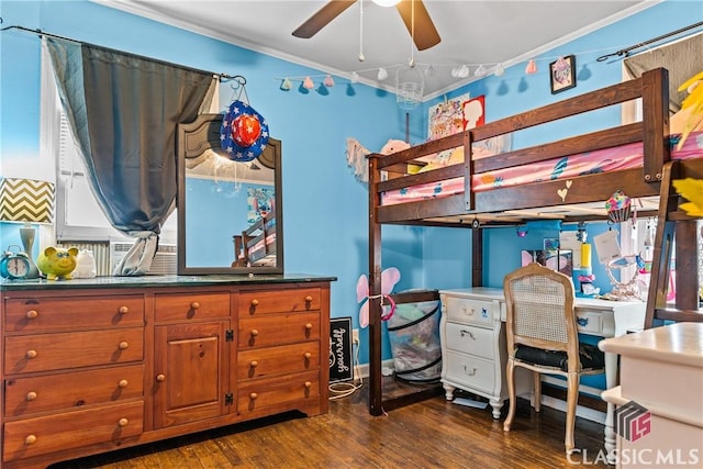 bedroom with multiple windows, crown molding, ceiling fan, and dark wood-type flooring