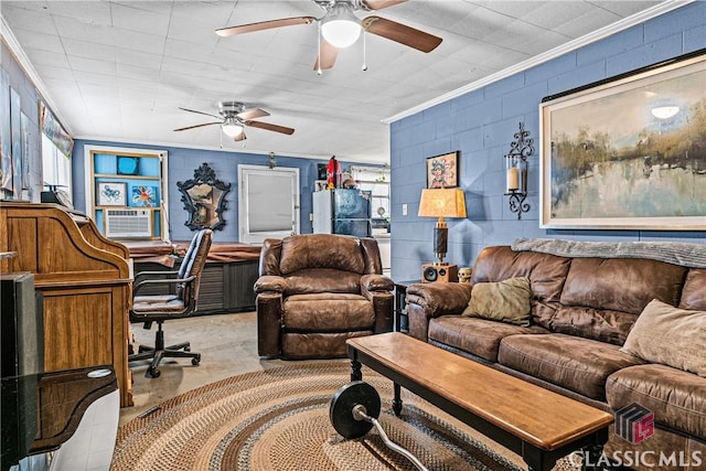 living room featuring cooling unit and crown molding
