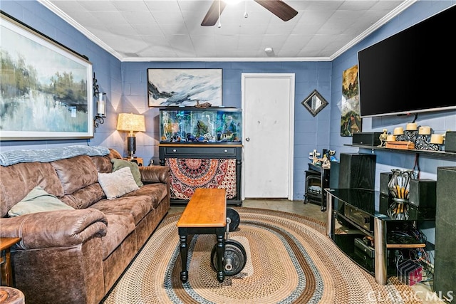 living room featuring a wood stove and crown molding