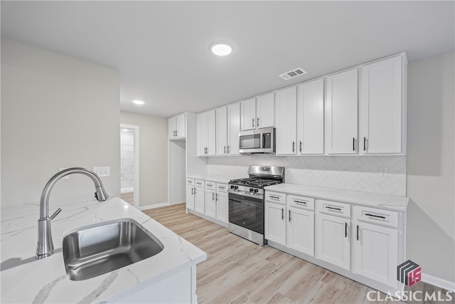 kitchen featuring white cabinets, sink, light stone countertops, appliances with stainless steel finishes, and tasteful backsplash