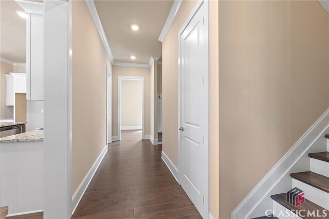 1745 Silo Bnd Unit 16, Watkinsville, GA 30677 - hallway with dark wood-type flooring, recessed lighting, stairway, crown molding, and baseboards