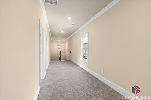 1745 Silo Bnd Unit 16, Watkinsville, GA 30677 - corridor featuring crown molding, carpet flooring, baseboards, and visible vents