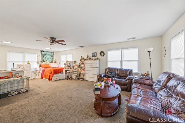 bedroom featuring carpet floors and ceiling fan