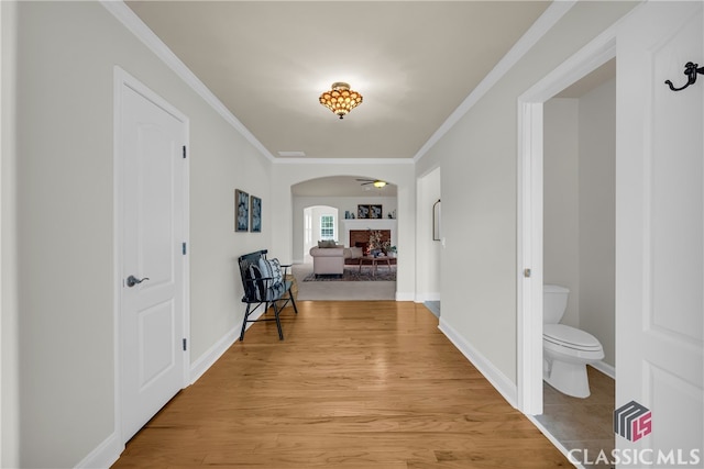 hall featuring light hardwood / wood-style floors and crown molding