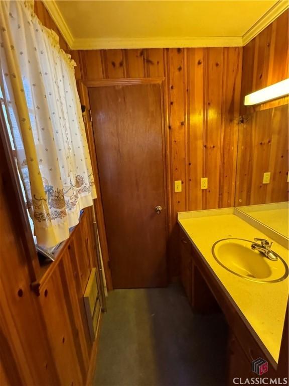 bathroom featuring crown molding, sink, and wooden walls