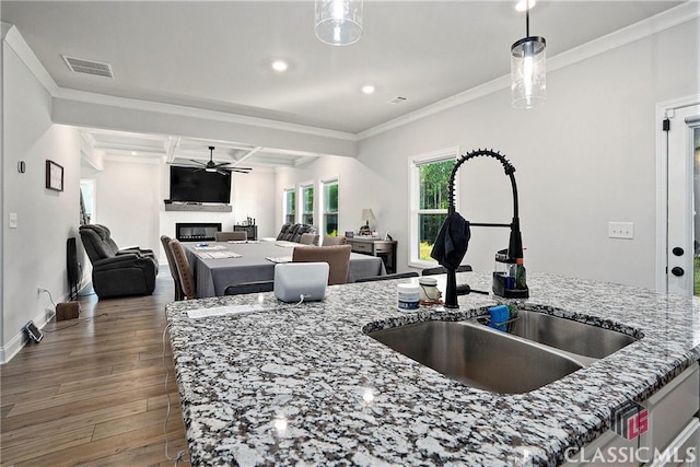 kitchen featuring ceiling fan, sink, light stone counters, decorative light fixtures, and a kitchen island with sink