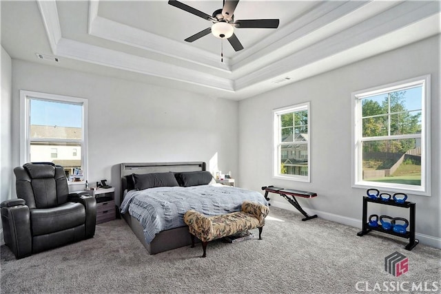 bedroom featuring a tray ceiling, ceiling fan, and carpet