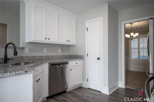 kitchen with white cabinetry, dishwasher, sink, light stone counters, and a chandelier