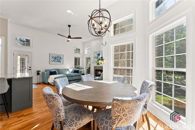 dining area featuring ceiling fan with notable chandelier and light hardwood / wood-style flooring