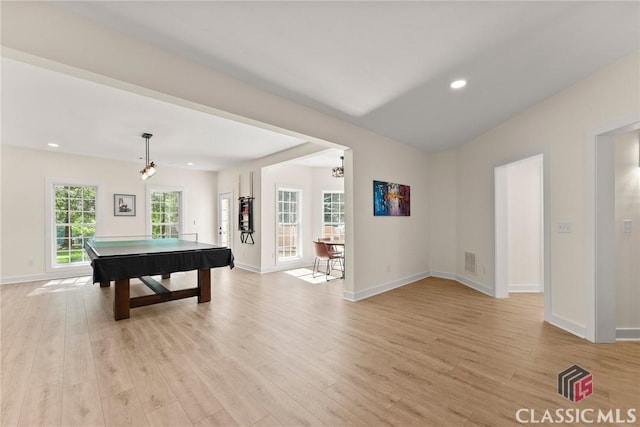 playroom featuring light hardwood / wood-style flooring and pool table