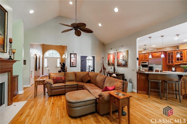 living room featuring light hardwood / wood-style flooring and high vaulted ceiling