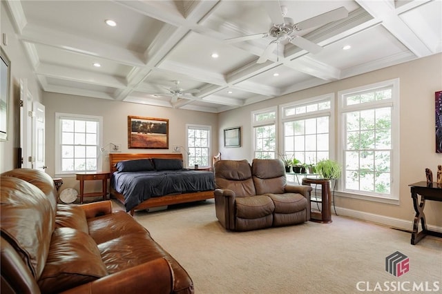 bedroom with light carpet, beam ceiling, ceiling fan, and coffered ceiling