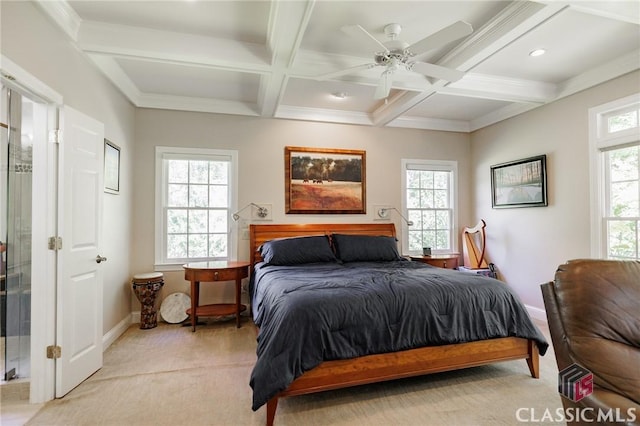 bedroom featuring ceiling fan, beam ceiling, light colored carpet, and coffered ceiling