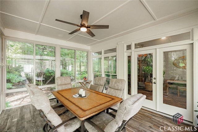 sunroom with french doors, ceiling fan, coffered ceiling, and a healthy amount of sunlight