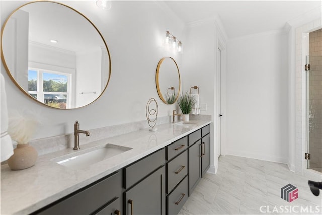 bathroom with vanity and ornamental molding