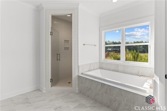 bathroom featuring crown molding and shower with separate bathtub