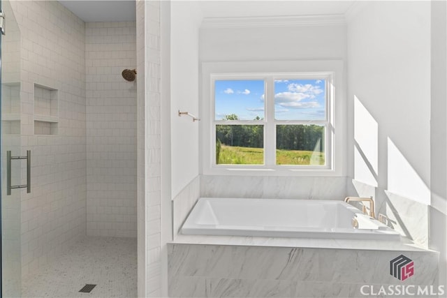 bathroom featuring plus walk in shower and crown molding