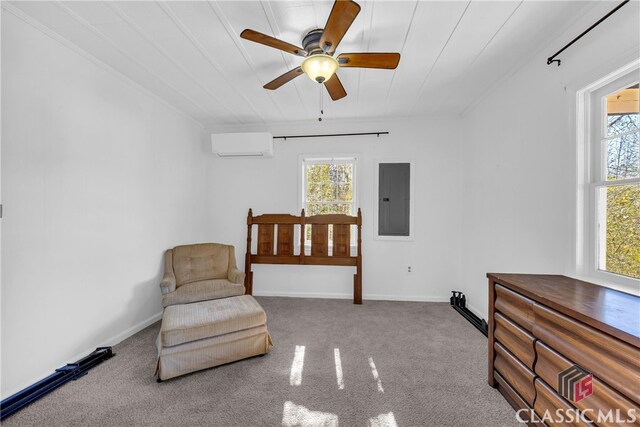 living area with ceiling fan, an AC wall unit, light carpet, and electric panel