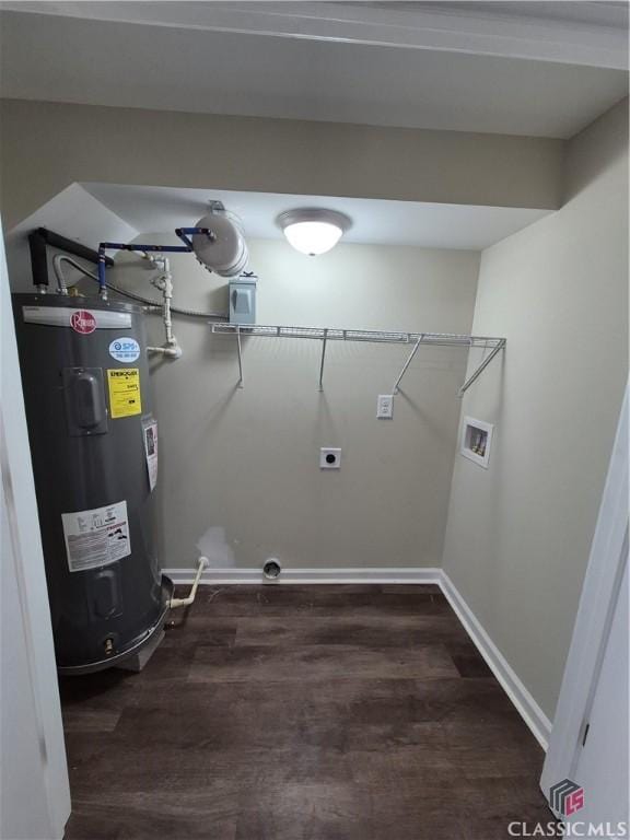 laundry room with hookup for an electric dryer, dark hardwood / wood-style flooring, electric water heater, and hookup for a washing machine